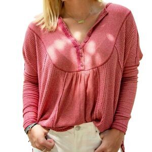 Free People | Leo Long Sleeve Henley Rose Oversize Waffle Long Sleeve Tee | XS